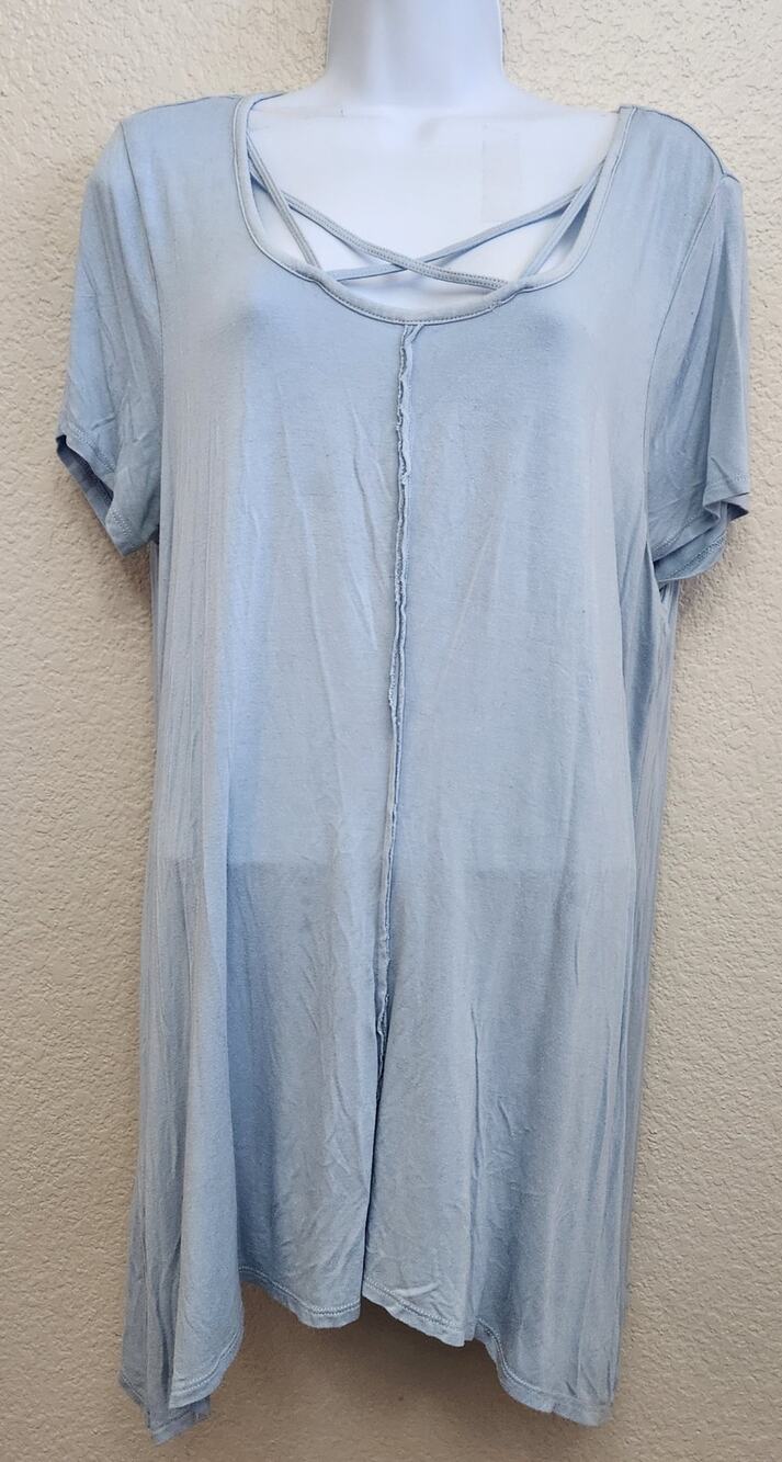 Terre Bleue Light Blue Shark Bite Hem Short Sleeves Top Large Lightweight Flowy